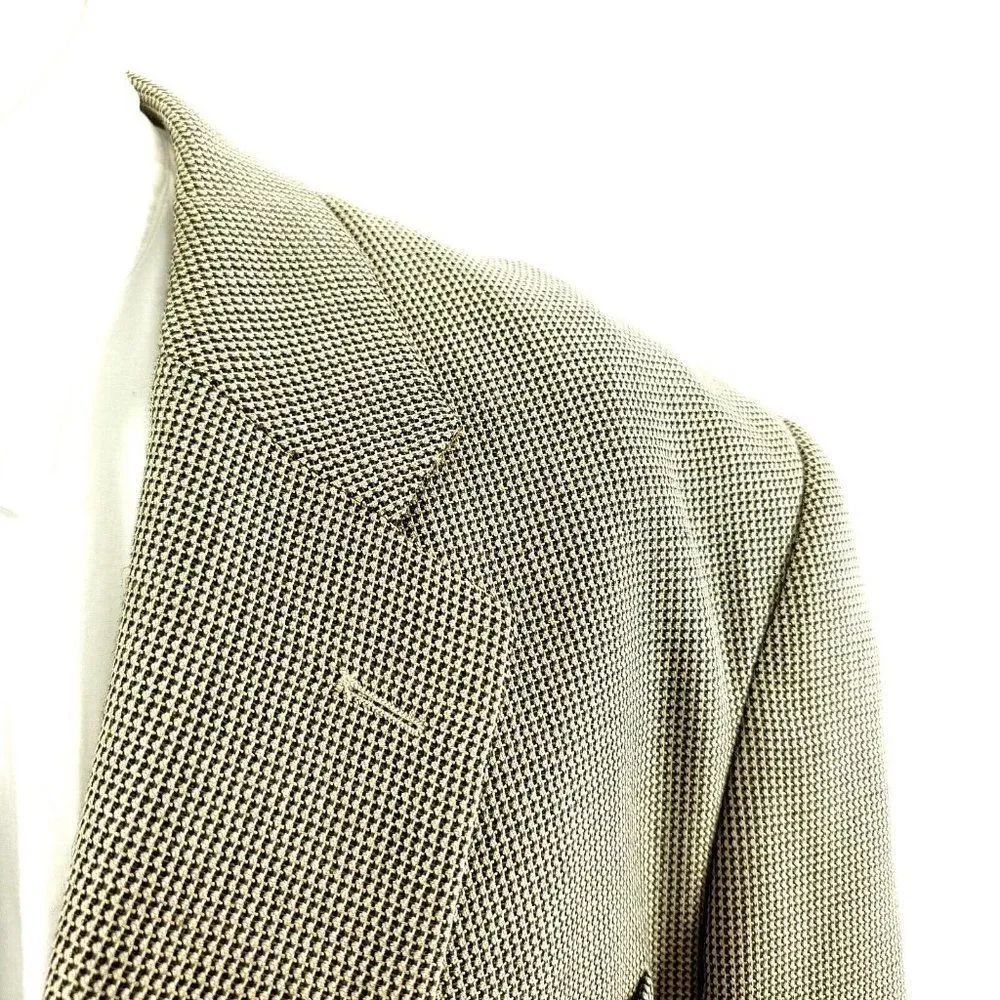 Adolfo Silk Wool 3 Button Sport Coat 44R Black Tan Nailshead‎ Check